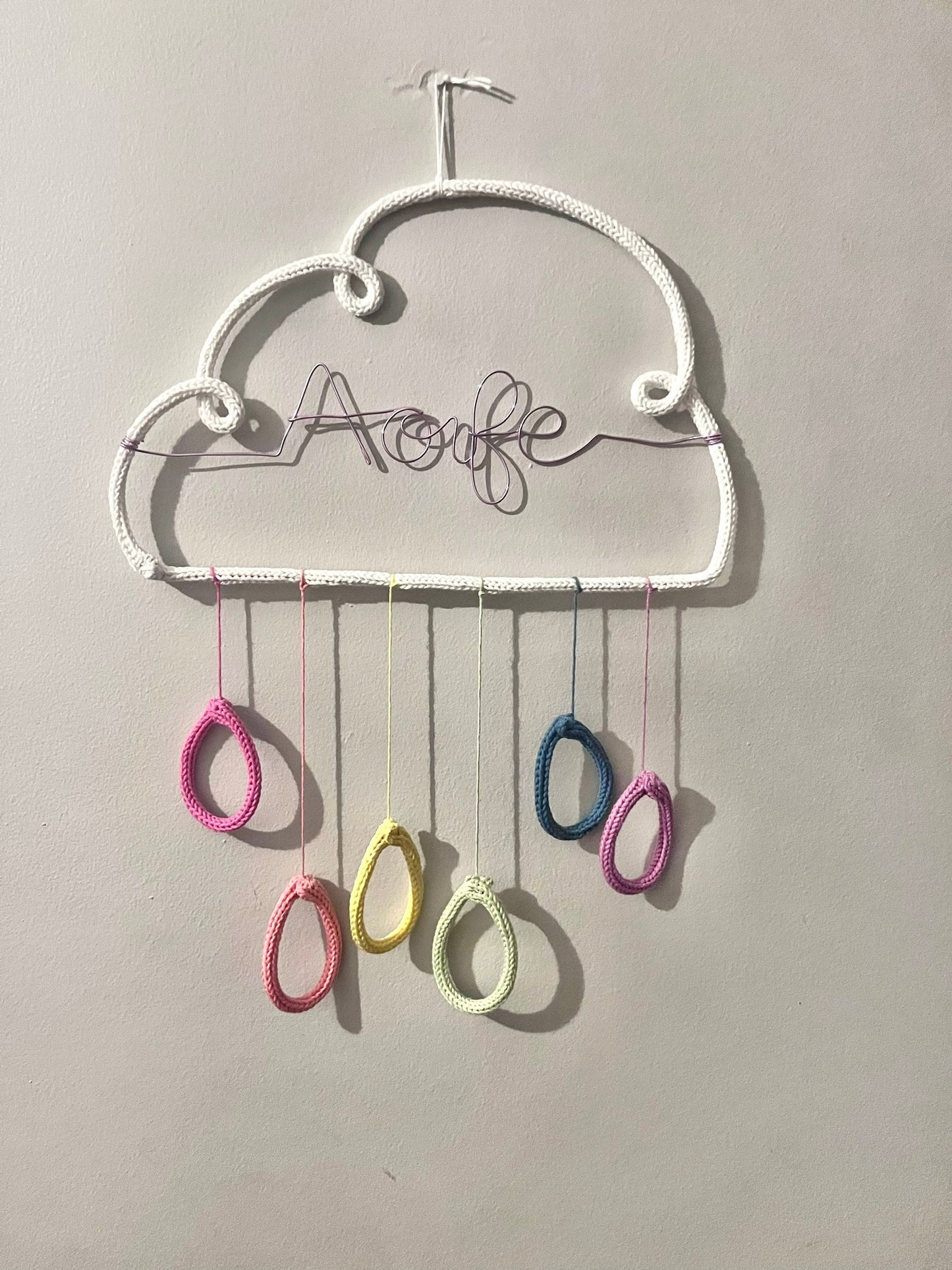 Personalised Knitted Wire Cloud Wall Hanging with Custom Name and Raindrops – Nursery Decor