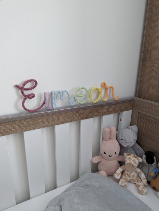 Multicoloured Personalised Knitted Wire Name Sign – Custom Wire Words for Nursery or Home Decor