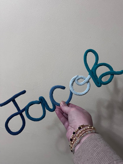 Multicoloured Personalised Knitted Wire Name Sign – Custom Wire Words for Nursery or Home Decor