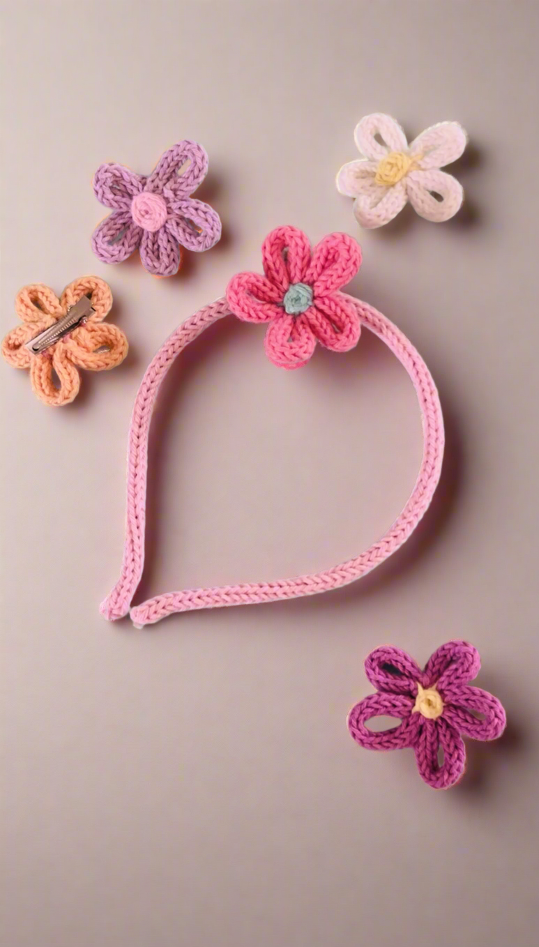 Handmade Knitted “Mix & Match’ Hair Accessories: set of 1 hairband & 3 hairclips