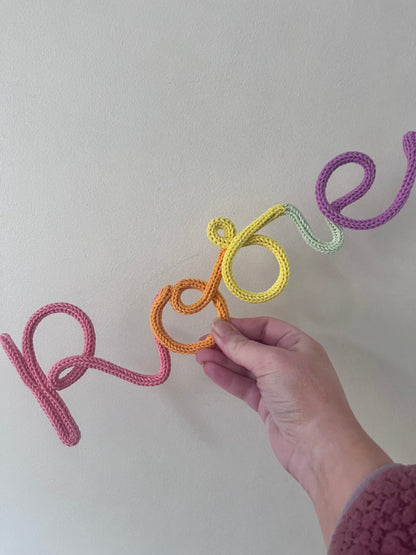 Multicoloured Personalised Knitted Wire Name Sign – Custom Wire Words for Nursery or Home Decor