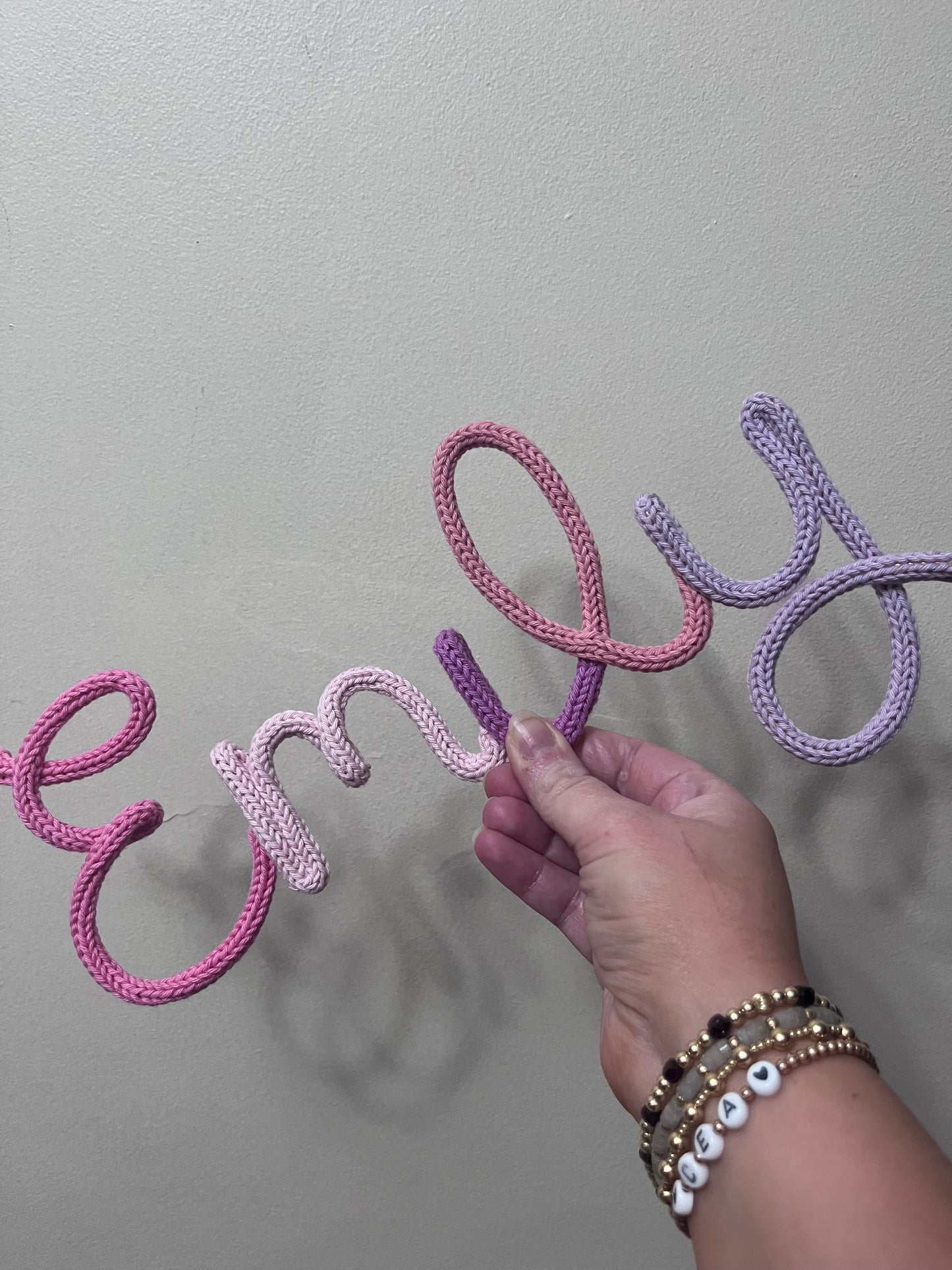Multicoloured Personalised Knitted Wire Name Sign – Custom Wire Words for Nursery or Home Decor