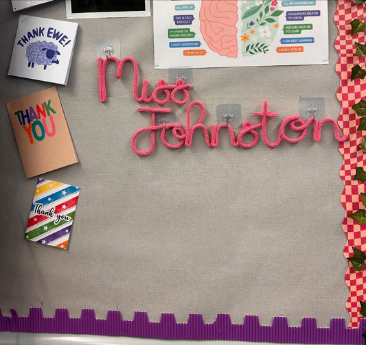 Personalised Knitted Wire Teacher Name Sign – Custom Wire Words for Classroom