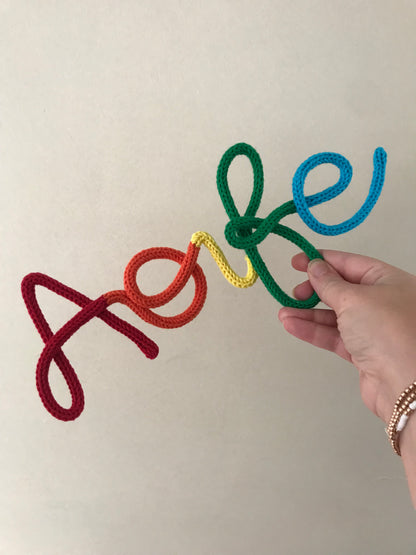 Multicoloured Personalised Knitted Wire Name Sign – Custom Wire Words for Nursery or Home Decor