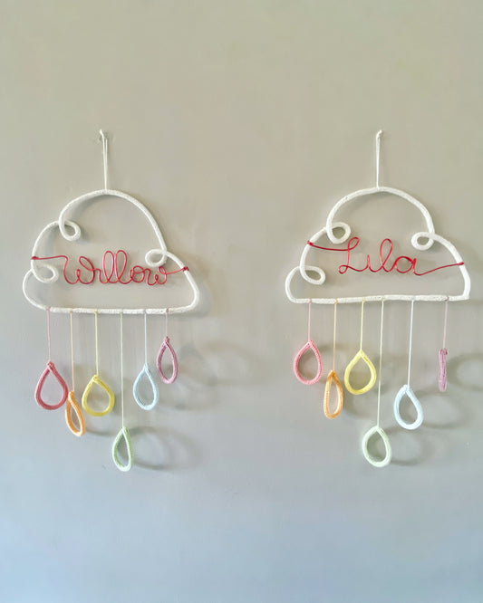 Personalised Knitted Wire Cloud Wall Hanging with Custom Name and Raindrops – Nursery Decor