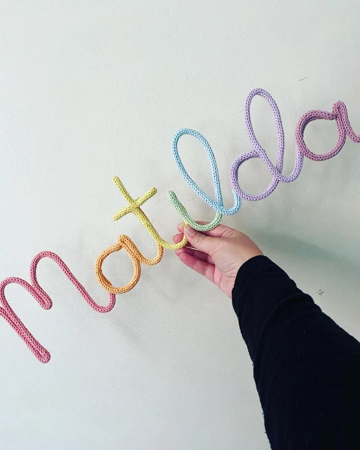 Multicoloured Personalised Knitted Wire Name Sign – Custom Wire Words for Nursery or Home Decor