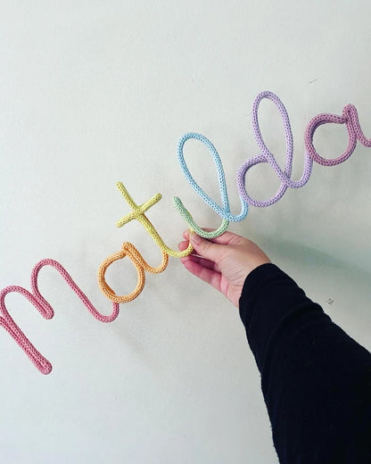 Multicoloured Personalised Knitted Wire Name Sign – Custom Wire Words for Nursery or Home Decor